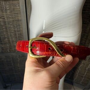 Brighton Red Croc Embossed Calfskin Belt with Brass Buckle on Saddle Leather - M